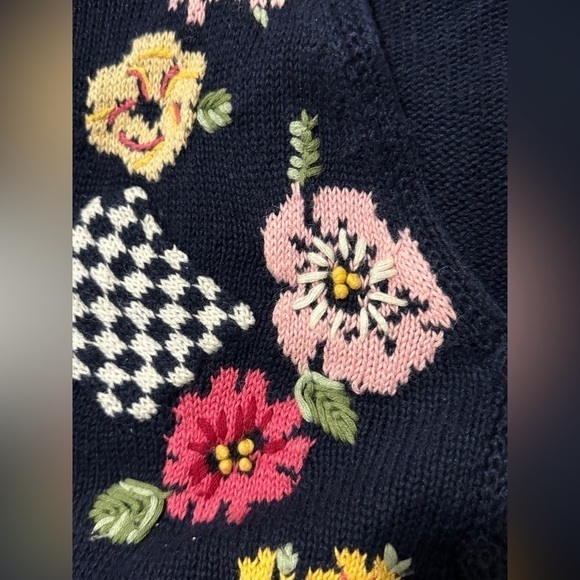 Vintage Floral hand Embroidered Knit Sweater Navy‎ V-Neck Cottagecore 3-D - Picture 11 of 11